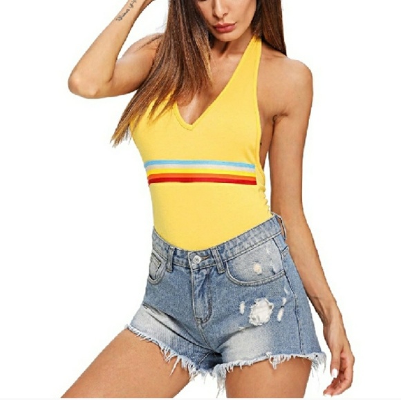 🆕⭐Yellow retro rainbow halter bodysuit - Picture 4 of 8